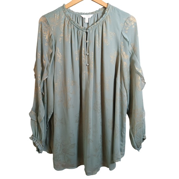 LC Lauren Conrad Tops - Lauren Conrad Plus 2X Sage Green Gold Floral Print Ruffle Neck‎ Blouse Top